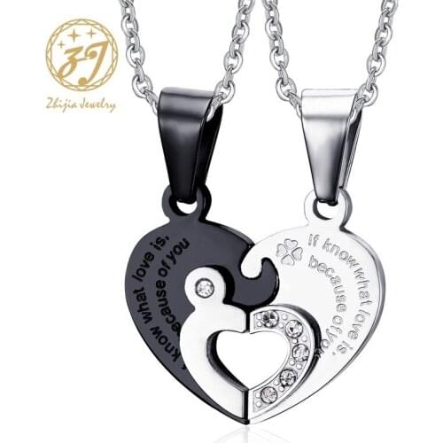 Zhijia jewelry 316L Stainless Steel Two Half Heart Necklaces For Couples Lover Heart Pendant Set Christmas Gift Free Shipping