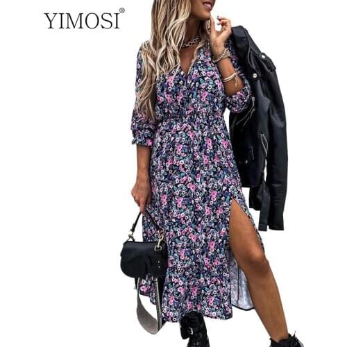 Autumn Office Dress 2020 Casual V-Neck Long Sleeve Slim Midi Dress Vintage Floral Print Party Dresses Vestidos