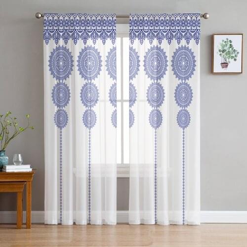 Youth Bedroom Sheer Curtains Boho Blue Mandala Pattern Kitchen Study Curtains Living Room Holiday Decor Tulle Curtains