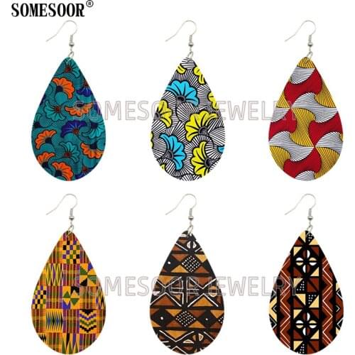 SOMESOOR 2021 New Pattern Water Drop Shape African Fabric Both Sides Printing Bohemian Wooden Dangle Fashion Earrings For Women
