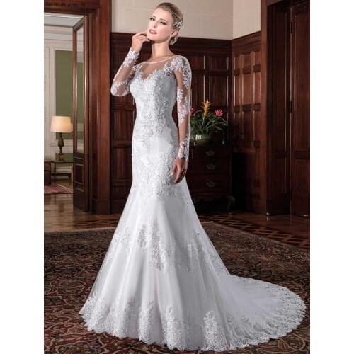 O-Neck Mermaid Long Sleeves Wedding Dresses with Lace Appliques Mermaid Wedding Gowns