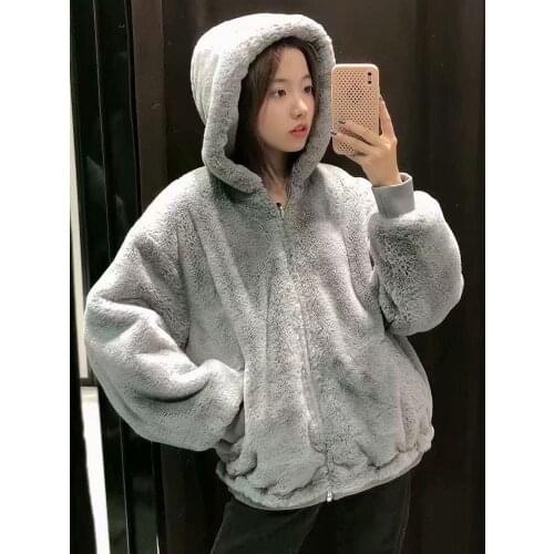 ZA new autumn and winter womens simple fashion all-match pocket zipper long-sleeved double-sided plush hooded jacket