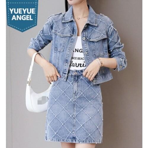 New Spring Autumn Women Washed Long Sleeve Denim Jacket Skirt Matching Sets Fashion Jean Skirts Two Piece Set Outfits Streetwear