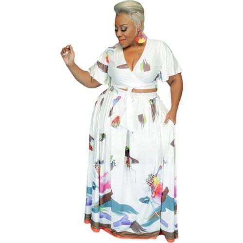 Plus Size Women Clothing 2021 2 Piece Skirt And Tops Matching Set Lace Up High Waist V-neck Printing Large Size Two-piece Suit