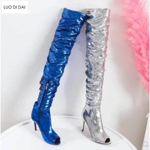 2019 autumn ladies peep toe thigh high boots bling bling boots sparkle women booties thin heel over knee high booties