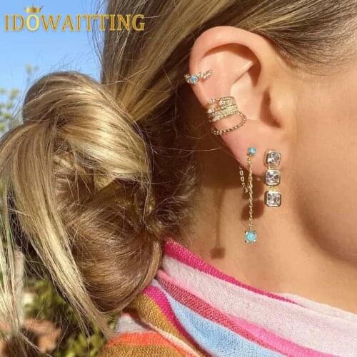 100% 925 Sterling Silver Gold Plated Blue Color Fire Opal Stone With Long Tassel Chain Multi Piercing Delicate 925 Women Earring