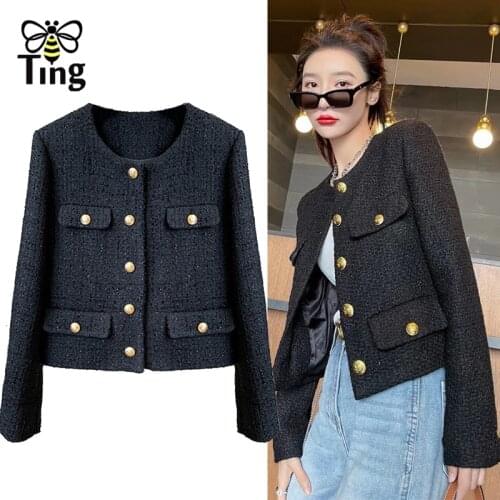 Tingfly Designer Fashion Button Single Breasted Short Jacke Coat Women Vintage Elegant Tweed Black Cosaco Outerwear Traf Clothes