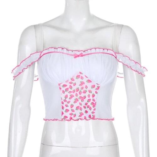 Women Spaghetti Strap Ruffles Crop Top Strawberry Mesh Patchwork Slim Camis Vest
