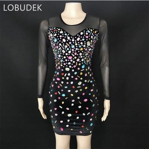 Multi-color Rhinestones Mesh Dress Women Fashion Birthday Party Prom Transparent Crystals Outfit Bar Singer Costume Black Pink