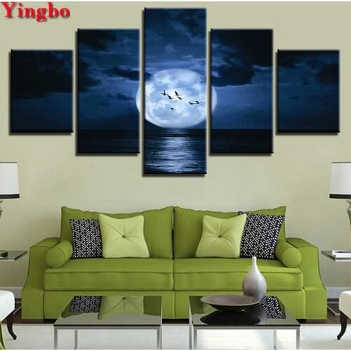 5 Pieces,Full Square Drill 5D DIY Diamond Painting Birds Moon Landscape Diamond Embroidery Cross Stitch Rhinestone Mosaic Decor