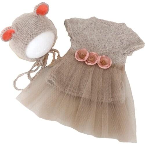 Angora Outfit Newborn Bear Hat and Skirt Set Photography Props Knit Fluffy Bonnet Romper Overall Baby Photo Shoot
