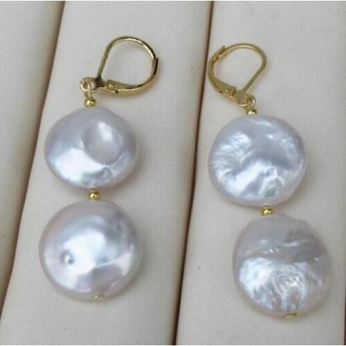 Noble jewelry GOLD PAIR OF 13-15MM south sea AAA++ WHITE COIN PEARL DANGLE BAROQUE EARRING 14k/20