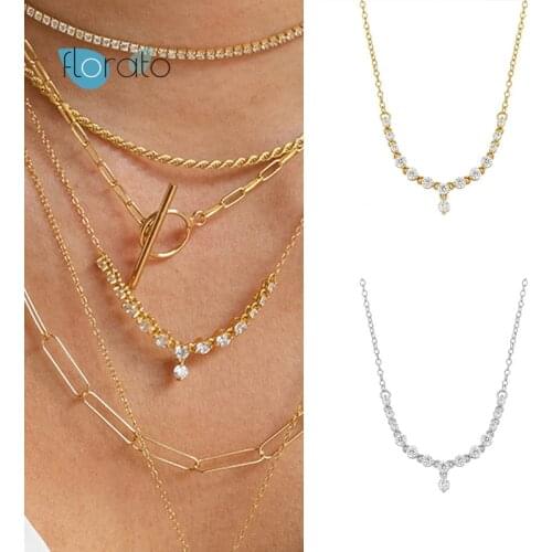 925 Silver Chain Luxury Crystal Mujer Water droplets Choker Pendant Necklace For Women Girls Wedding Birthday Gift Jewelry