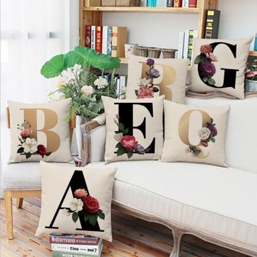 White Simple Pillow Case English Alphabet A-Z Flowers Pillow Cushion Pillows Cover Home Decoration Backrest Pillowcase 45*45cm