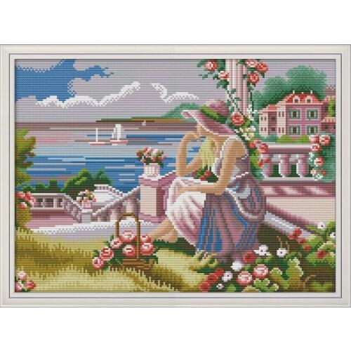 A girl looking at the sea cross stitch kit aida 14ct 11ct count print canvas stitching needlework embroidery DIY handmade