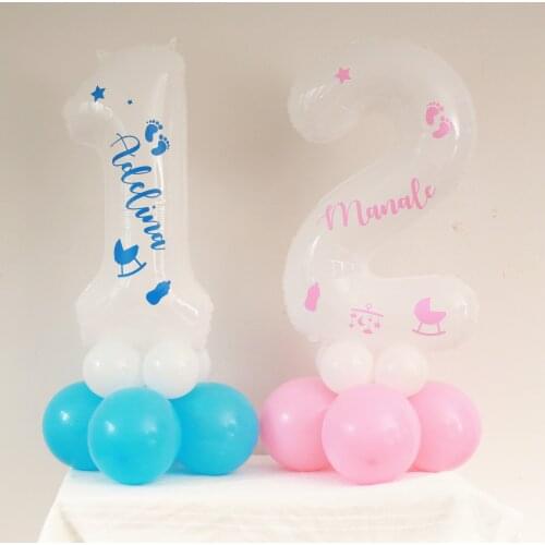 Custom Blue Pink Name sticker with White Number foil balloons Boy and Girl 1st 2nd birthday party decor Baby Shower Supplie