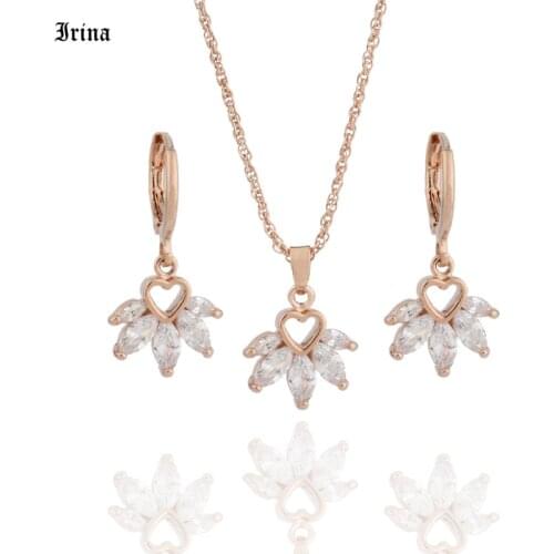 Irina Cute Earring delicate 585 rose gold zircon earrings pendant jewelry sets for women White zirconia jewelry gift