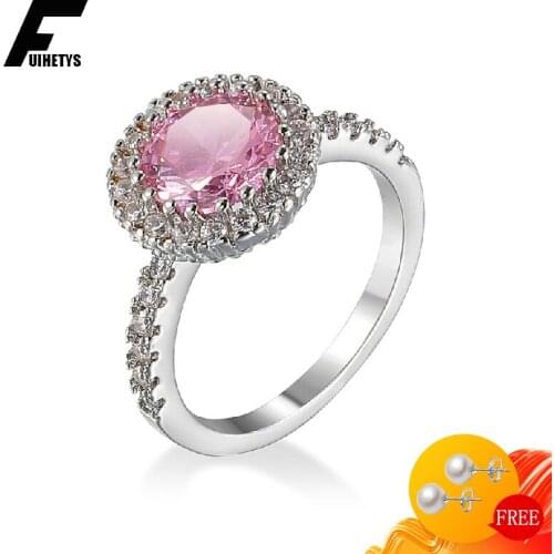 BaliJelry Fashion Ring 925 Silver Jewelry Round Pink Zircon Gemstone Finger Rings Accessories for Women Wedding Engagement Party
