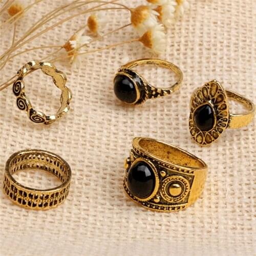 5pcs / set Punk Black Crystal Rings For Women Round Water Drop Clouds Geometric Irregular Ring Set Vintage Silver Ring Jewelry