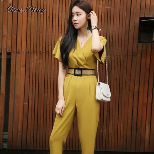Women sashes high waist v-neck loose wide leg pants summer jumpsuit Casual Rompers overalls for female women jumpsuits women