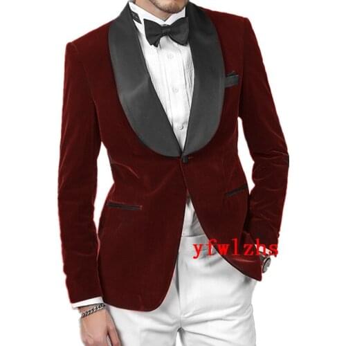 Handsome Velveteen Groomsmen Shawl Lapel Groom Tuxedos Wedding Dress Men Suits Blazer Prom Dinner (Jacket+Pants+Tie) K366