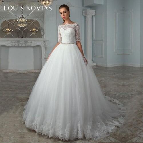 Louis Novias Bride Lace Embroidery Half Sleeve Classic Wedding Dress Crystal Belt Vestido De Noiva Plus Size Dream Princess