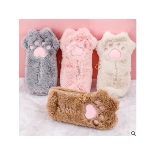 Cute Cat Paw Pencil Case Plush High Capacity Korean School Student Pencil Bag Purse Pouch Gift Stationery Supplies