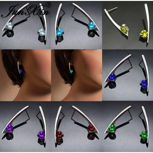 Minimalist Geometric Bar Stud Earrings For Women White Gold Round Green Red Purple Blue Stone Crystal Wedding Earrings CZ