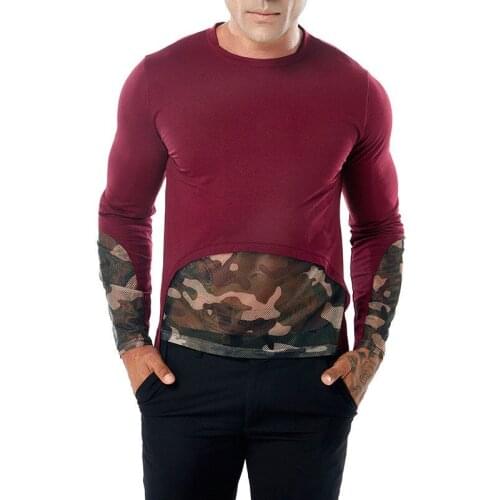 2019 New Autumn Men O Neck Camouflage Patchwork solid T-Shirts Long Sleeve Cotton Pullover Tee
