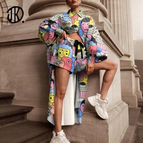 Autumn Casual Two Piece Set Human Face Print Button Blouse + Lace Up Shorts Suits 2021 Elegant Full Sleeve 2 Piece Shirt Outfits