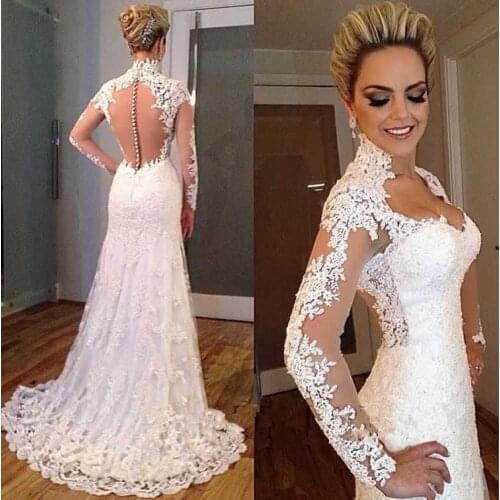 فساتين beauty All white sheer lace long sleeve sexy bridal gown vestidos de noiva sereia casamento Bespoke Wedding Dresses