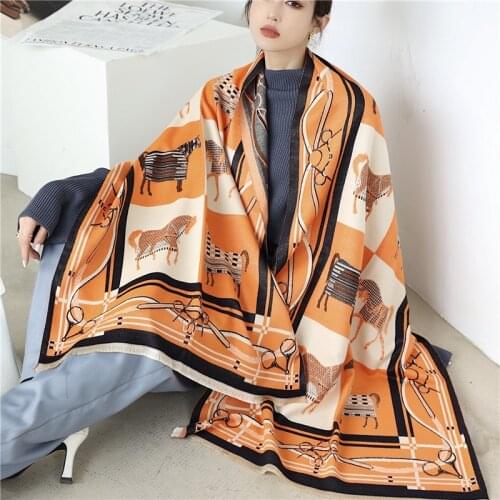 2021 Luxury Scarf Hijab Women Print Horse Winter Warm Thick Cashmere Soft Bufanda Foulard Female Headscarves Shawl and Wrap