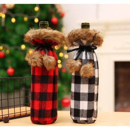 Christmas Wine Bottle Cover Wine Champagne Bottle Bag Plaid for Party Home Christmas Decoration LX8163