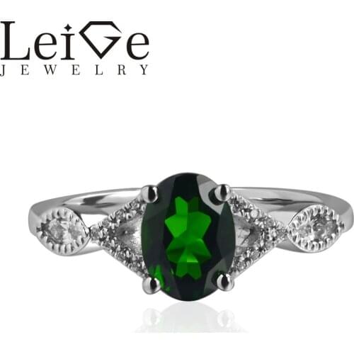 925 Silver Natural Diopside Ring Oval Cut Prong Setting Green Gemstone Promise Wedding Rings for Women Romantic Gift