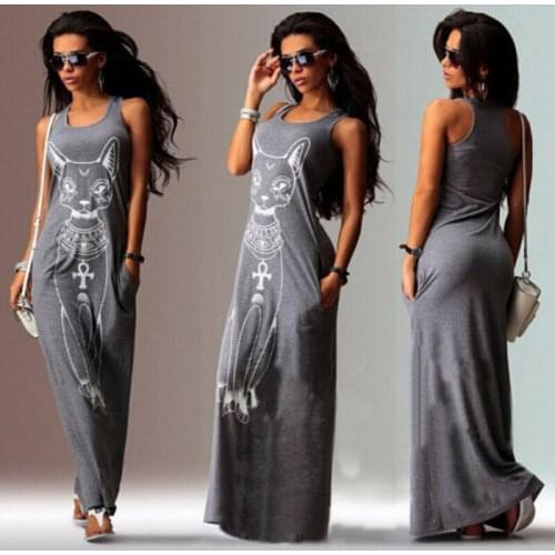 UK STOCK Women Gary Cat Print Dresses Summer Beach Boho Maxi dress Evening Party Casual Long Sundress