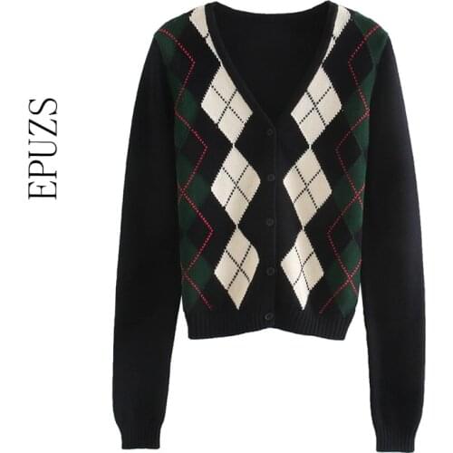 Winter argyle knitted cardigans women 2020 vintage Korean sweater long sleeven V-Neck sweaters fashion butoon crop sweater 2020