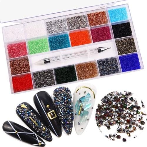 21 Grids/set Flat-back AB Crystal Nail Rhinestones 3D Glitter Diamond Nail Art Decorations Gems Stones for Manicure Nail Drills