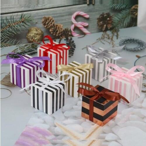 50pcs Striped Candy Box DIY Chocolate Favor And Gift Boxes Kids Bags With Ribbon For Birthday Baptism Wedding Decoration Party