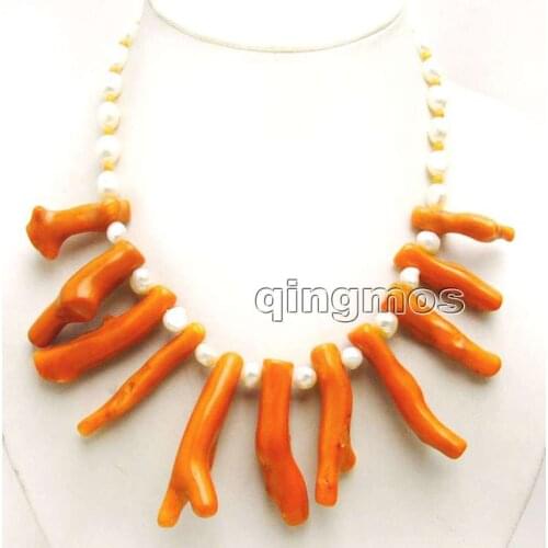 Big 8*70mm GENUINE Pink Branch shape Coral and 7-9mm White Baroque Pearl 18" Necklace-nec6163 Wholesale/retail Free shipping