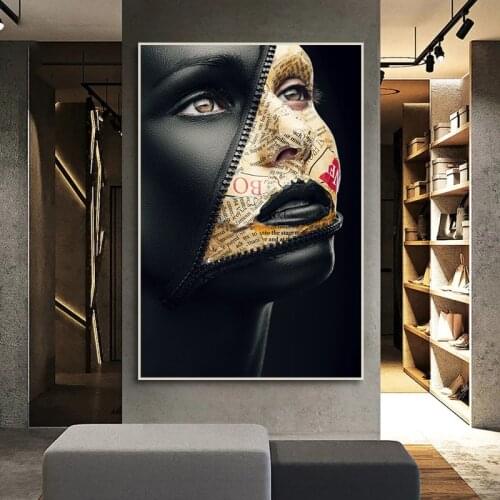 Black Woman Abstract Art Posters and Prints Zipper On Face Surrealistic Canvas Painting Modern Wall Art Pictures for Home Design