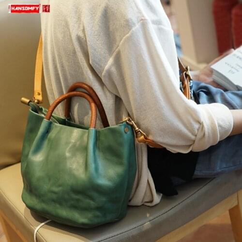 Retro Genuine Leather Women Handbag Female Shoulder Crossbody Bags Small Messenger Bucket Bags Oil Wax Leather Oblique Ladies