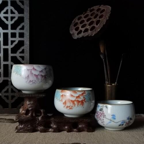 Chinese Kung Fu Teacup Flat Cup Ru Yao 5oz Ceramic Crack Decoration Cup of Tea 150ml Handmade Porcelain Drinkware Glaze Pottery