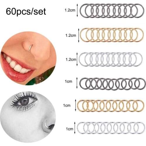 60 Pcs/set Punk Nose Rings For Women Men Black Gold Silver Color Noses Ring Sets Men Hip Hop Personality Body Jewelry