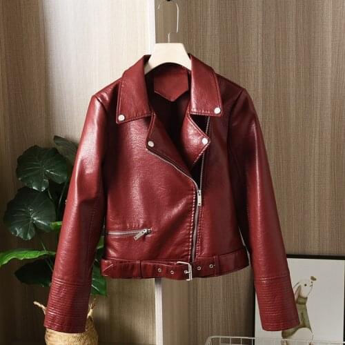 Korean Slim Women Short Faux Leather Jacket With belt Spring Autumn Jaqueta Feminina Long sleeve Biker Jacket Female Outerwear