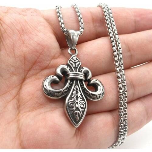 Mens Fashion Stainless Steel Fleur De Lis Pendant Necklace Jewelry Chain