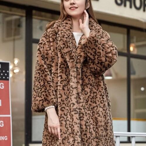New Winter Leopard Print Loose Lapel Womens Fur Coat Fashion Long Imitation Mink Fleece Overcoat Thick Warm Female Plush Jacket