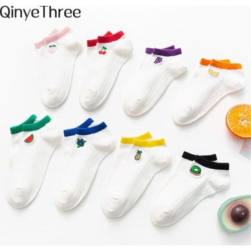 New cute art fresh fruit white socks embroidery avocado cherry pineapple watermelon orange breathable soft cotton socks