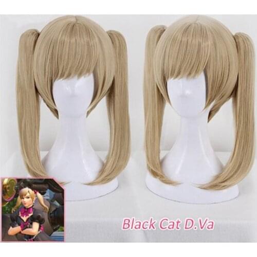 Black Cat Dva Wig Short Straight Hair with Bangs Ponytails Game OW D.VA Cosplay Wig OW New Skin Black Cat D.Va Cosplay
