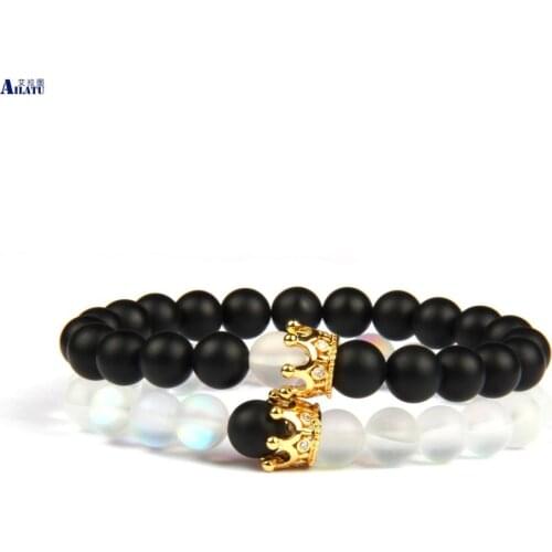 Couples Cz King and Queen Crown Charm Bracelets 8mm Natural Matte Stone & Flash Beads Sets Jewelry
