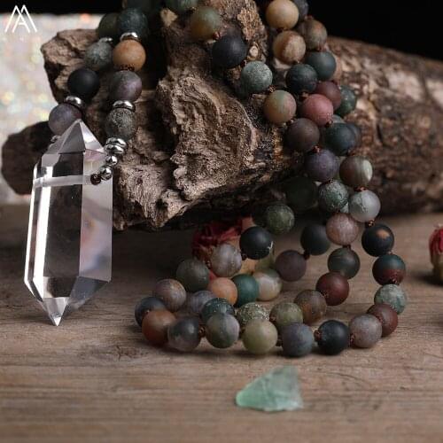 Natural White Quartz Double Stick Point Pendant 8mm Matted Ocean Jaspers Round Beads Cord Knotted Mala Necklace Handmade Jewelry